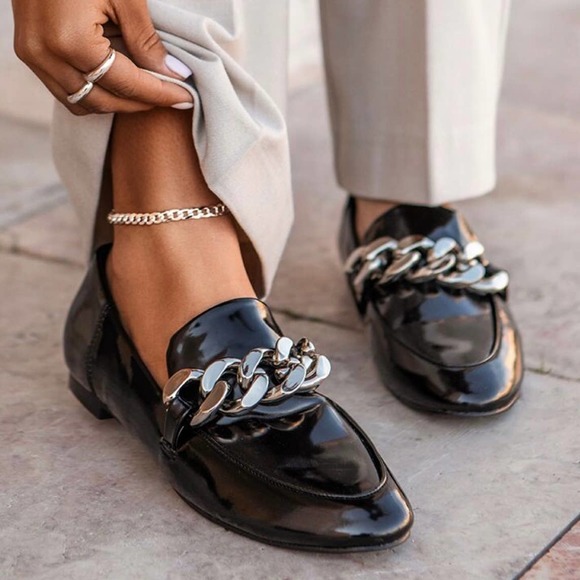 ZARA Chunky Chain Loafers Slip On Flats Faux Leather Shoes, Black - Picture 2 of 11